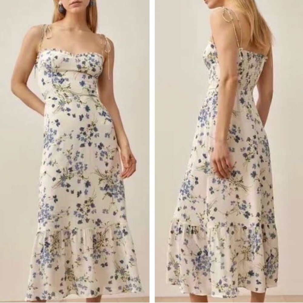 Reformation Floral Midi Dress in Cream and Blue